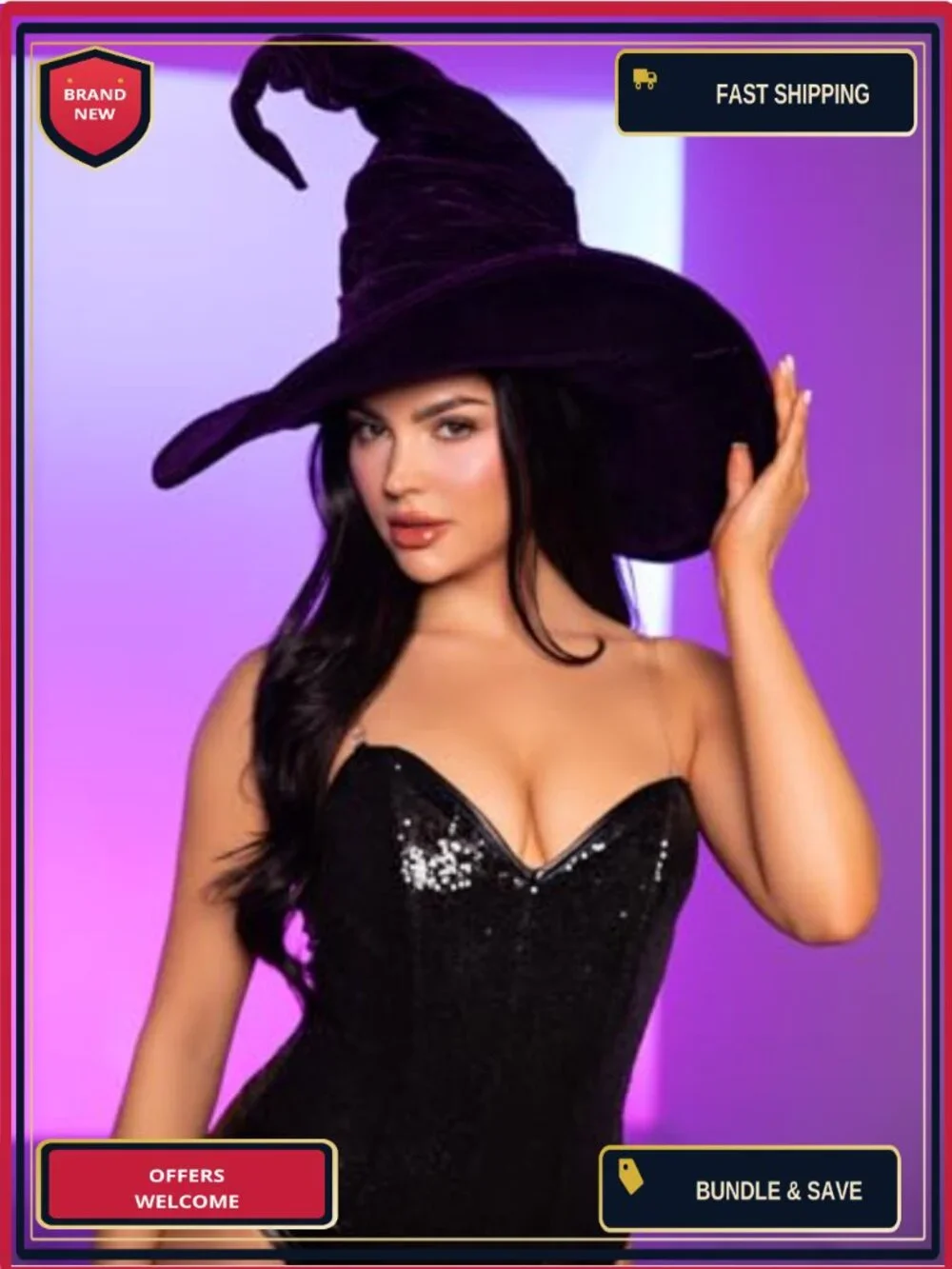 Velvet Ruched Witch Hat Bendable Brim Halloween Costume Accessory